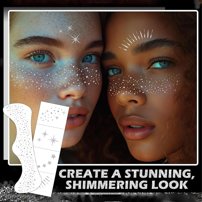 20 Pcs Silver Glitter Freckles,20 Pcs Face Gems with 4 Shapes - Sparkling Self-Adhesive Face Jewels for Festival, Rave & Party Makeup - Waterproof Face Glitter Patches for Women & Teens