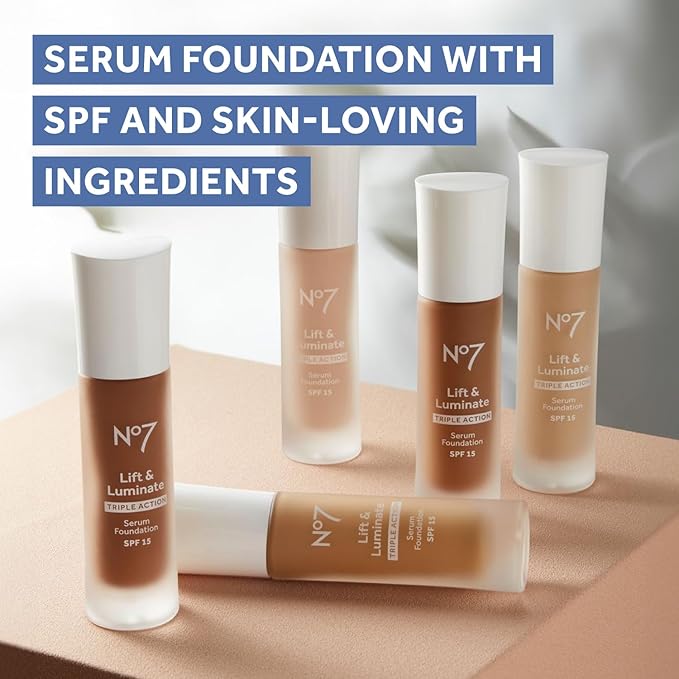 No7 Lift & Luminate Triple Action Serum Foundation - Tawny - Liquid Foundation Makeup with SPF 15 for Dewy, Glowy Base - Radiant Serum Foundation for Mature Skin (30ml)