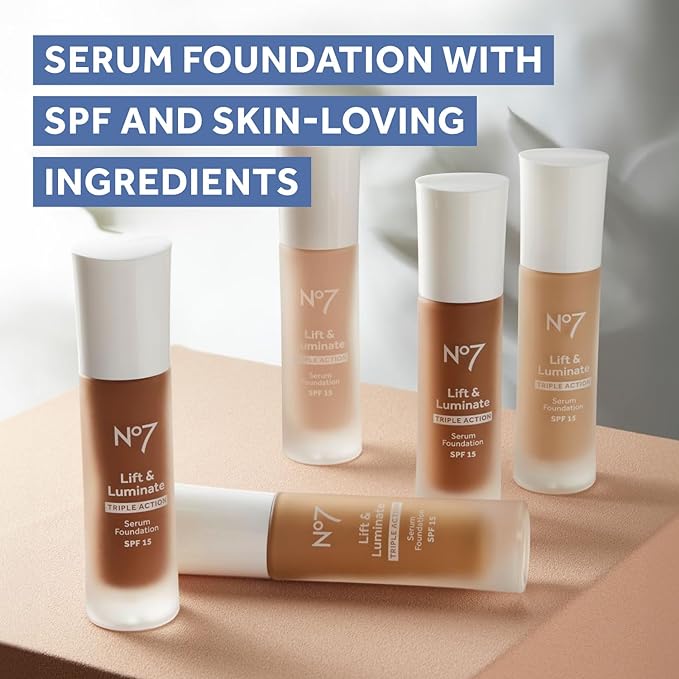 No7 Lift & Luminate Triple Action Serum Foundation - Liquid Makeup with SPF 15 for a Dewy, Glowy Base - Radiant Formula for Mature Skin - Cashew (30ml)