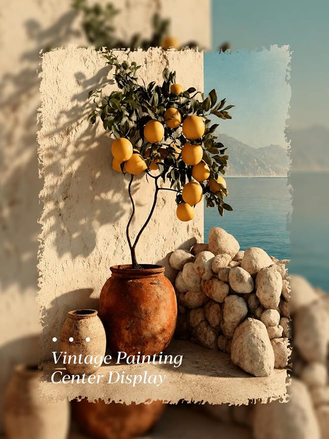 Gold Framed Wall Art, Vintage Mediterranean Lemon Tree Canvas Prints, Coastal Summer Picture Wall Decor, Rustic Italian Landscape Artwork for Kitchen, Living Room, Dining Room 12x16 inch