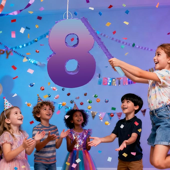 Purple Birthday Party Decorations, Purple Number 8 Pinata with Stick Blindfold Confetti for Girls Boys 8th Birthday Activity Game Gift (15.7 x 11.5 x 3 In)