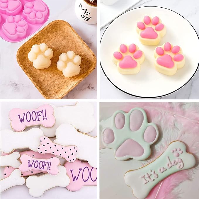 2 packs 6-Cavity Dog Cat Paw Silicone Mold & 3 Packs Stainless Steel Bone Cookie Cutter,for Chocolate, Candy, Pudding, Jelly, Dog Treats.