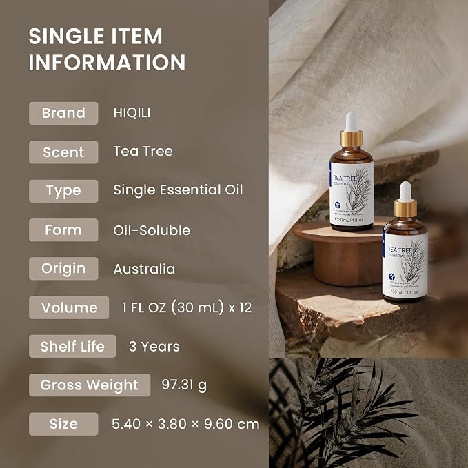 HIQILI Tea Tree Oil Set - 1 fl oz (12 Pack), Bulk Pack for Biz Purchase | Ideal for Nail Care, Hair Care, Skin Care, Diffuser, DIY, Holiday Gift & Home Use