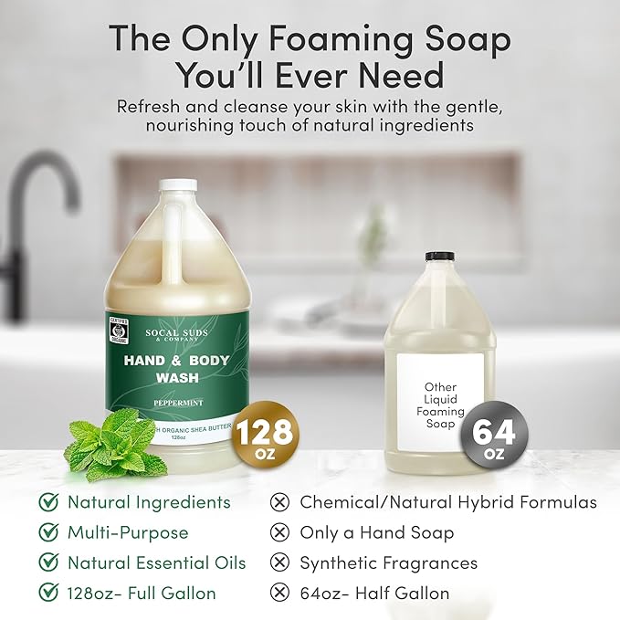 SoCal Suds & Company 128oz Certified Organic Hand & Body Wash w/Shea Butter- Gentle Natural Body,Baby & Face Wash for Sensitive Skin, Moisturizing Thick Castile Soap, Hand Soap and More - Peppermint
