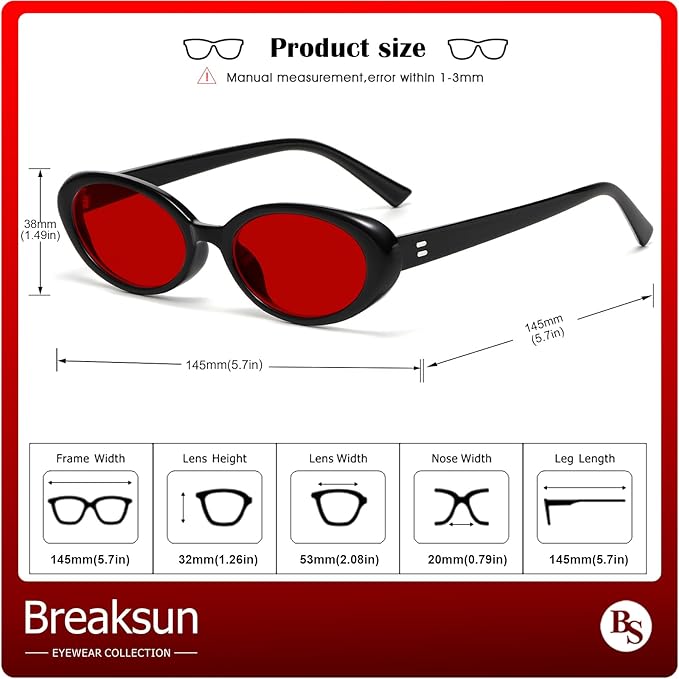 Breaksun Retro Oval Sunglasses for Women Men Fashion Small Oval Sunglasses 90s Vintage Shades