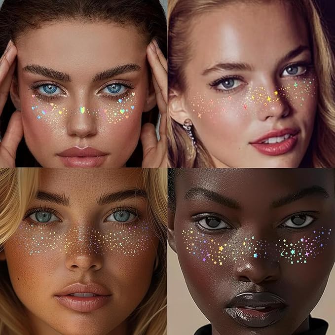 Glitter Freckles, 24PCS Glitter Freckles Face Tattoo, Sparkle Freckles for Women, Waterproof Gold Temporary Face Tattoos Glitter Glow Up Patches Makeup Patches (Holographic 12pcs)