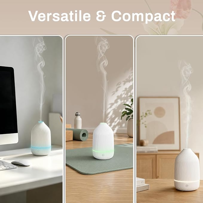 Essential Oil Diffuser, 100ml Aromatherapy Diffuser, White | Ultrasonic Cool Mist Humidifier, 7 Color LED Lights, Auto Shut-Off, Diffuser for Home, Bedroom, Office, Yoga
