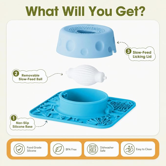 Pezluxe Slow Feeder Dog Bowls & Lick Mat,Dog Licking Bowl with Rolling Ball