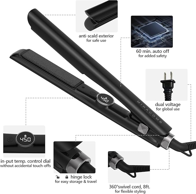 MIRACOMB 1” Flat Iron Hair Straightener Pro - Ceramic Ion Tech, Curls & Straightens Easily, Digital Heat for Precision Styling, Dual Voltage - Perfect Hair Straightening Tool for Travel & Smooth Style