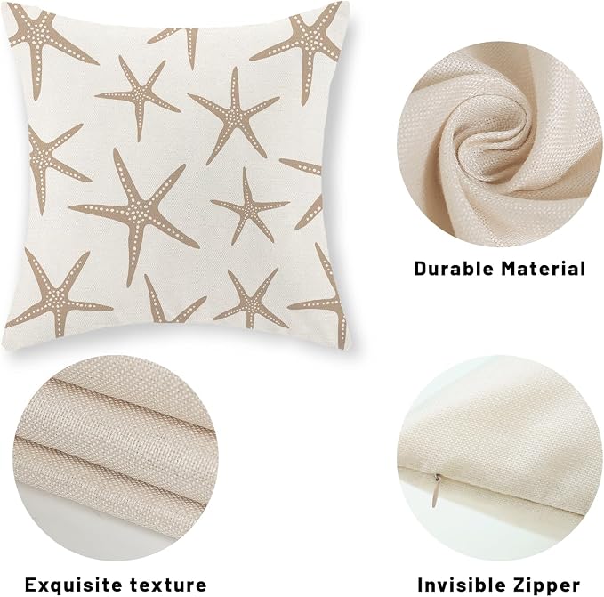 Brown Tan Starfish Pillow Covers 18x18 Inch Set of 2 Coastal Throw Pillows Spring Summer Nautical Ocean Theme Beach Decorative Pillow Cases Linen Outdoor Decor Cushion Case for Home Bedroom