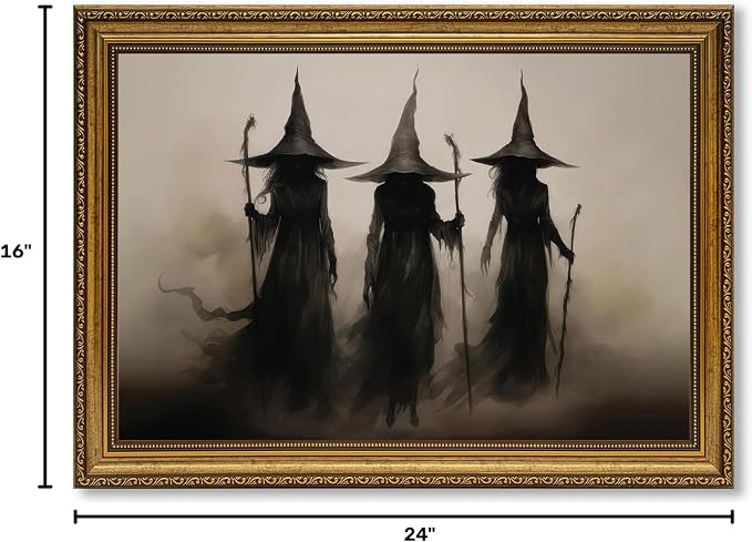 JLTULT Three Witches Halloween Wall Art, Gothic Framed Canvas, 16 x 24 in | Dark three-witch scene on fade-resistant canvas with an ornate ready-to-hang PS frame for entryways and Halloween displays