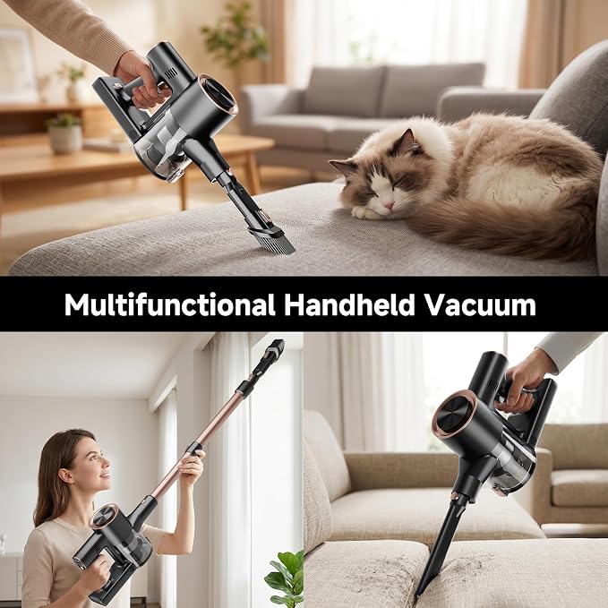 Cordless Stick Vacuum Cleaner - Rechargeable,45Kpa Powerful Suction Vacuum for Home,45Mins Runtime,Detachable Battery,Anti-Tangle, 8 in 1 Lightweight Vacuum for Pet Hair Carpet Hardwood, Gold