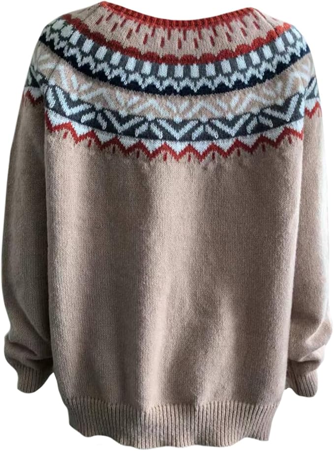 Zhyaj Fair Isle Sweater for Womens Winter Long Sleeve Vintage Knitted Sweater Casual Fall Crew Neck Pullover Sweaters