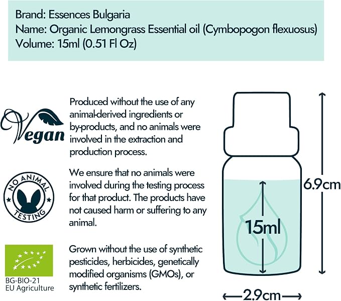 Essences Bulgaria Organic Lemongrass Essential Oil 0.51 Fl Oz | 15ml | Cymbopogon flexuosus | 100% Pure | Natural | Undiluted | Therapeutic Grade | Aromatherapy | Cosmetics | Cruelty Free | Vegan