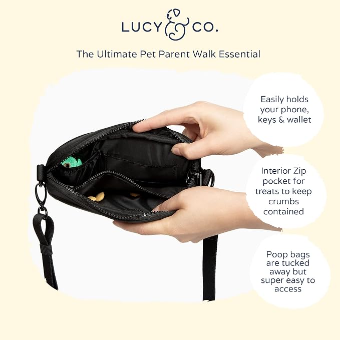 Lucy & Co. Crossbody Treat Pouch, Fanny Pack, Shoulder Bag - Wear 3 Ways, Hidden Poop Bag Dispenser, Zip Treat & Phone Pocket, Dog Accessories (Black)