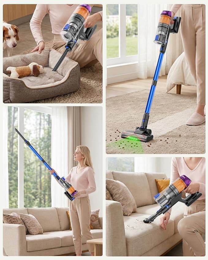 Cordless Vacuum Cleaner, 500W 40KPa 60Mins Vacuum Cleaners for Home, Anti-Tangle Rechargeable Vacuum with Green Light Wireless Vacumm for Pet Hair/Carpet/Hardwood Floor Blue