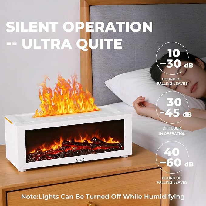 Fireplace Flame Essential Oil Diffuser, 7-Color LED Ultrasonic Aromatherapy Humidifier, 150ml, Cool Mist, with Remote Control and Timer, for Home Bedroom Office Yoga (White)