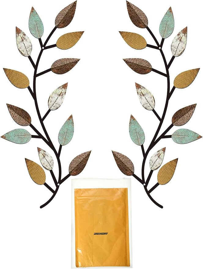 Zhengmy 2 Pcs Metal Leaf Wall Art Vine Branch Decor,Bright Colors | Olive Branch Metal Decor for Living Room Hallway, Symmetrical Leaf Pair for Doorway Entryway, Lightweight Hanging Art Design