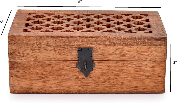 Mango Wood Decorative Wooden Box with Hinged Lid Wooden Storage Box, Decorative Bo xes With Lids (8" x 5" x 3")
