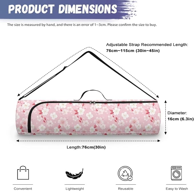 Yoga Mat Bag with Adjustable Shoulder Strap and Handle Zipper, 30in Wide x 6.3in Diameter for Yoga Mat Storage