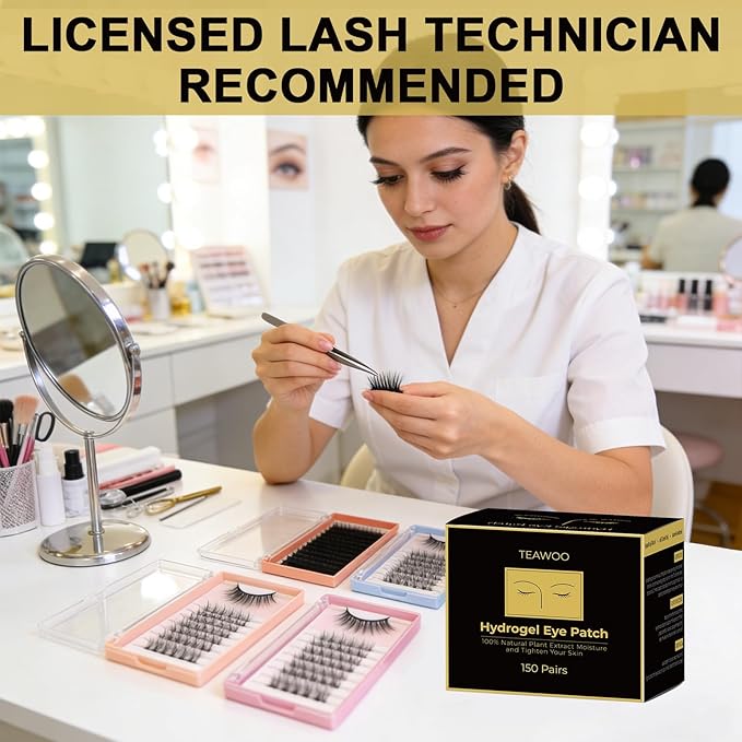 TEAWOO 150 Pairs Hydrogel Under Eye Patches, Eye Pads for Eyelash Extension/Eyelash Tinting, Eyelash Extension Supplies Infused with Natural Aloe Vera