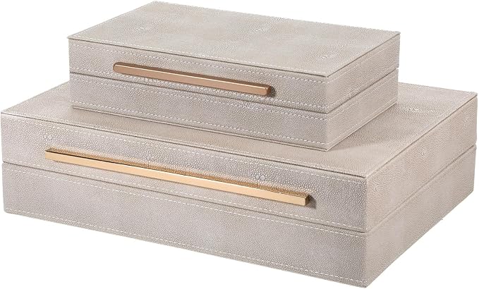 Set of 2 Beige Shagreen Decorative Storage Boxes with Lids PU Memory Boxes | 13.8/9.8inch PU Leather Large Nesting Organizer Bins with Gold Handles for Keepsakes, Photos, Modern Home Decor