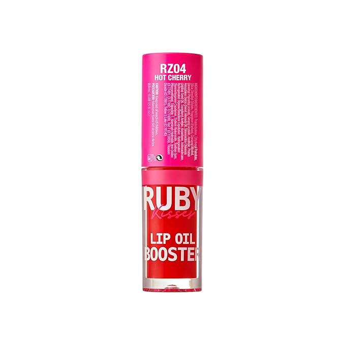 Ruby Kisses Lip Oil Booster, Hydrating Lip Gloss with Nourishing Natural Oil Blend, Jumbo Wand for Easy Application, Non-Sticky Formula (Hot Cherry)