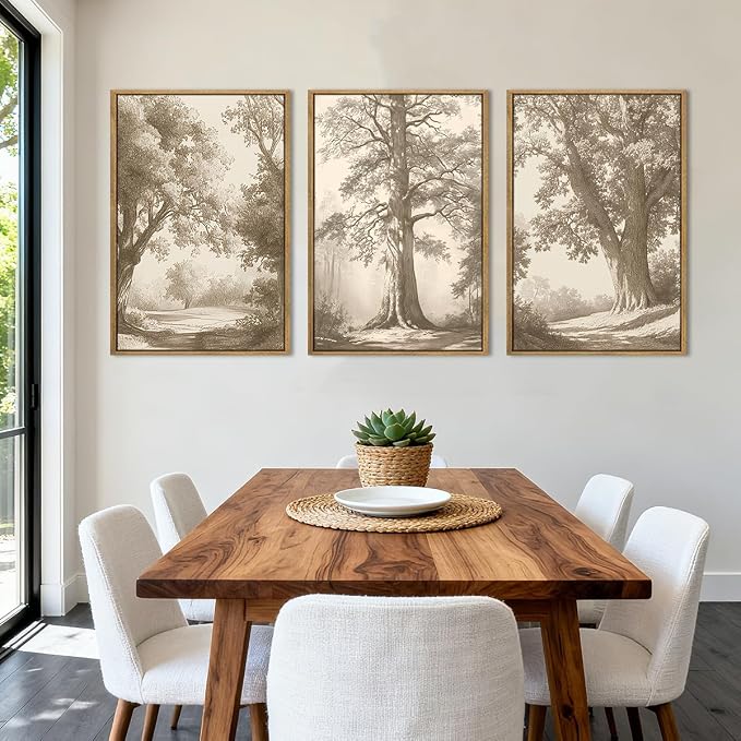 Vintage Tree Canvas Wall Art Framed Rustic Tree Landscape Sketch Antique Painting Neutral Forest Wall Decor 24x36 Inch Farmhouse Botanical Set of 3 for Living Room Bedroom