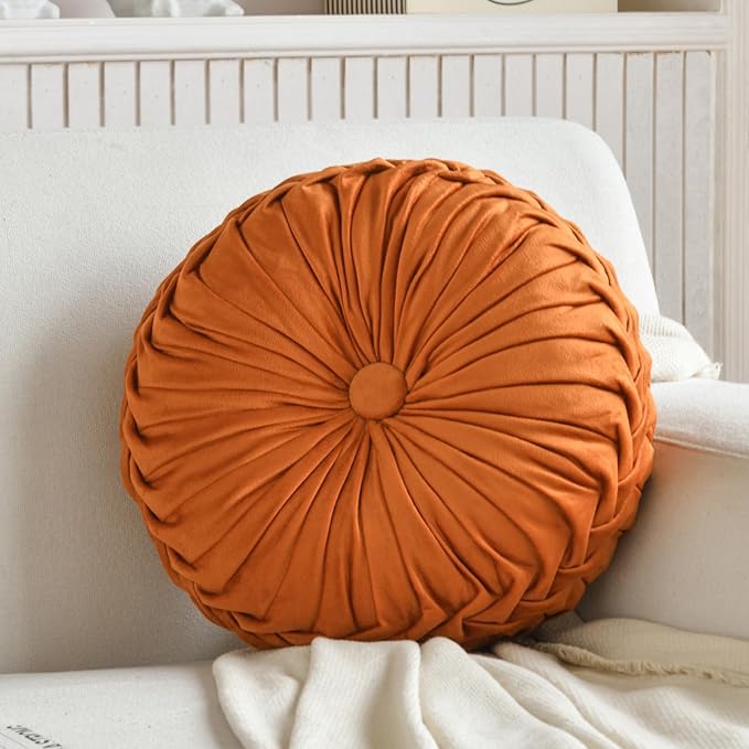 Teieas 2 Pcs Round Throw Pillows Decorative Velvet Pleated Pillow Orange | Boho pumpkin bed pillows,back support for couch,chair,dorm,car,sofa,home decor 14.96''