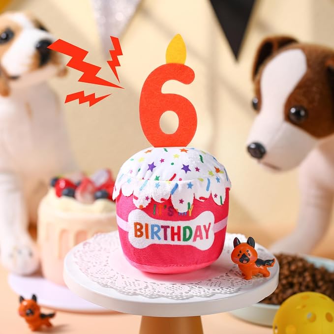 Dansydaisy Dog Birthday Cake Toy Squeaky Plush Gift,6th,Pink
