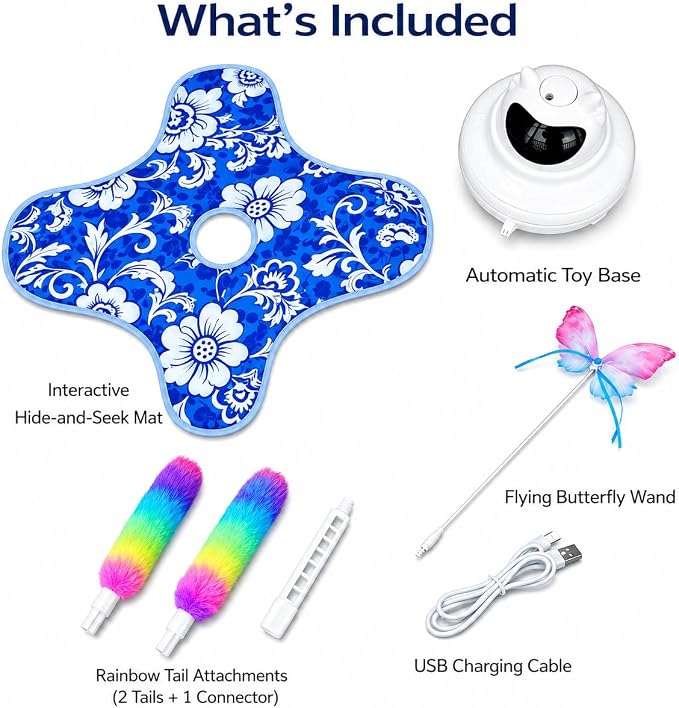 Interactive Cat Toy for Indoor Cats, Rechargeable 3-in-1 Hide and Seek Cat Toy with Spinning Butterfly & Plush Tail, Ultra-Quiet Touch Activated Self Play Cat Exercise Toy for Adult Kittens (Teal)