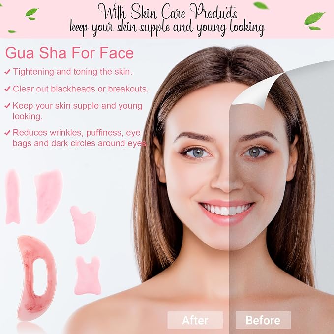 Treela 5 Pcs Gua Sha Facial Tools Set and 1 Pcs Body Gua Sha Massage Tool with Handle for Face Back Neck Leg Body Scraping Massage Board Guasha Comb(Jade, Resin,Pink)