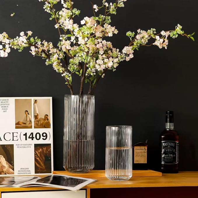 Clear Glass Flower Vase for Pampas Grass, 7.5 inch Medium Decorative Centerpiece Ribbed Vase for Dining Table, Office Desktop, Shelf Bookshelf, Mantel, Entryway, Bathroom, Countertop, Farmhouse, Gift