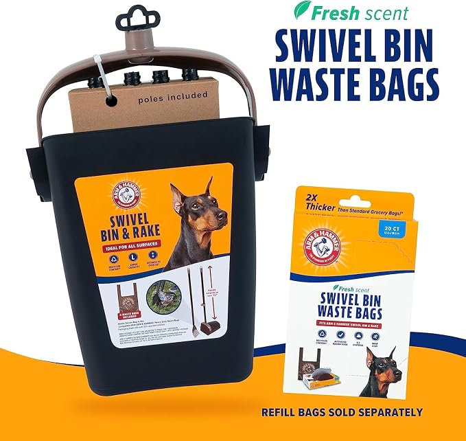 Arm & Hammer Swivel Bin & Rake Dog Pooper Scooper, Includes 2 Waste Bags | Includes 2 Heavy Duty Scented Waste Bags for Easy, No Touch Disposal