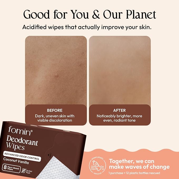 FOMIN Acidified Travel Deodorant Mini Wipes For Women & Men- Coconut Vanilla - 144 Count - pH Balanced, Biodegradeable Mini Deodorant Travel Size - Plastic-Free, Underarm Body Wipes