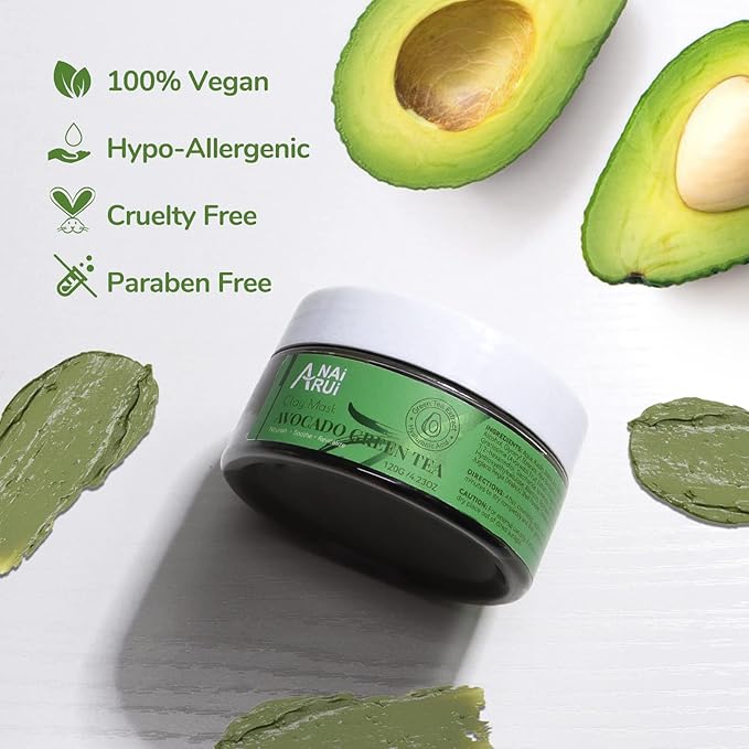 ANAI RUI Green Tea Face Mask with Avocado, Clay Facial Mask for Acne, Mud Mask for Face and Body, Face Cleansing Mask, Hydrating, Nourishing, Soothing, 120g/4.23 oz