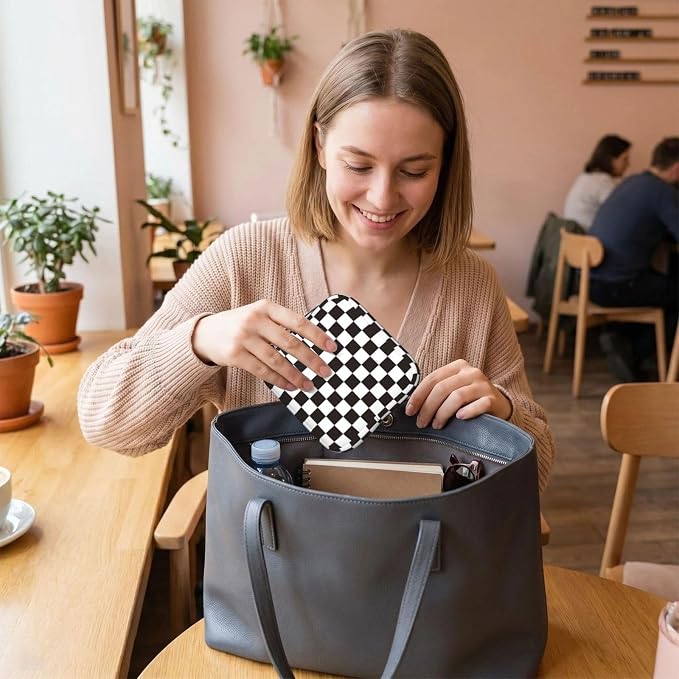 Black And White Checkered Racing Flag Checkerboard Square Grid Period Bag For Women,Portable Sanitary Napkin Period Pad Pouch For Purse, Small Make Up Bags