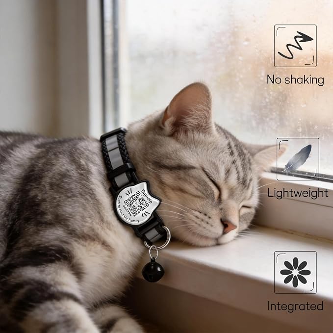Breakaway Cat Collar with QR Code Tag and Bell (Black & Blue) | Reflective Nylon, Quick-Release Buckle