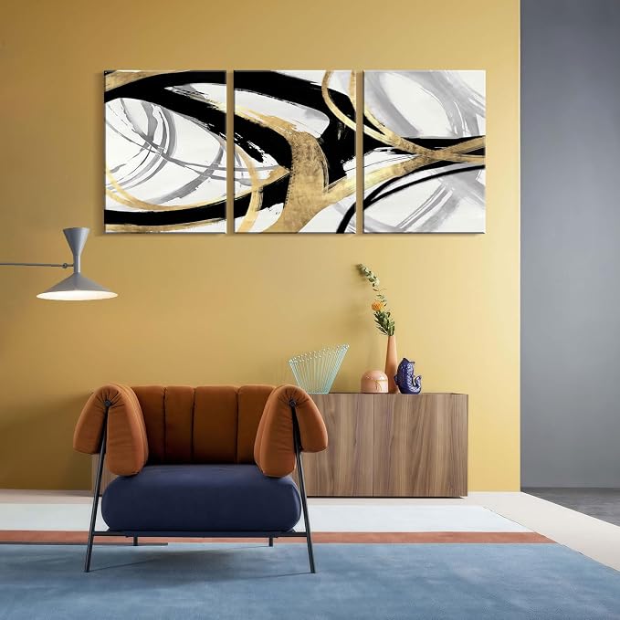 3Pcs Framed Abstract Wall Art Gold Black and White Lines Picture Canvas Prints Modern Line Prints Living Room Bedroom Office Poster Gallery Home Decor 16x24 Inch Ready to Hang