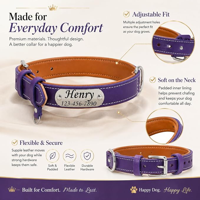 Personalized Leather Dog Collar with AirTag Holder Case, Custom Engraved Nameplate Dog Collar, Adjustable Genuine Leather Soft Padded Dog ID Collar for Medium Large X-Large Dogs-Dark Purple-M
