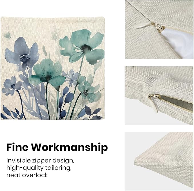 Spring Floral Pillow Covers 18x18 Inches Set of 2 Blue Teal Floral Throw Pillow Cover Outdoor Summer Flower Decoration Pillowcase Farmhouse Decorative Square Cushion Cover for Home Couch Sofa