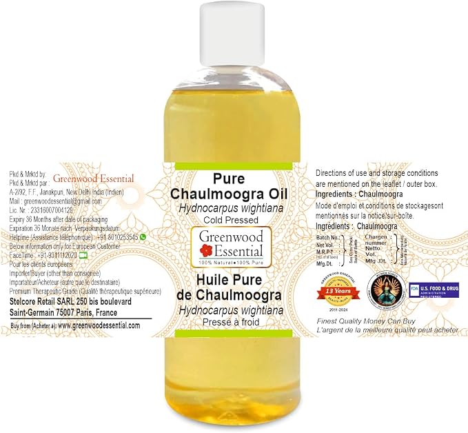 Greenwood Essential Chaulmoogra Oil (Hydnocarpus wightiana) | Cold Pressed | Natural | Undiluted | For Diluting Essential Oils | For Skin & Massage | Men & Women | 200ml (6.76 oz)