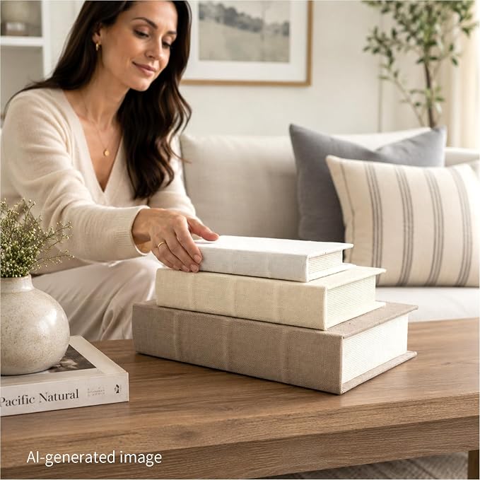 Decorative Book Boxes Set of 3, Linen Storage, 13" | Living Room Decor, Bedroom Decor, Office Decor, Bookshelf Display, Coffee Table, Farmhouse, Rustic, Vintage Style