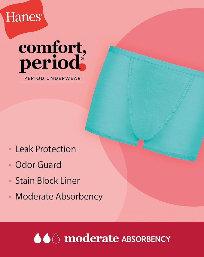 Hanes Girls' Period Underwear Boxer Briefs, Comfort Period Boxer Brief Panties for Girls, Moderate Protection
