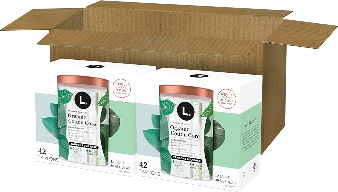 L. Cotton Tampons Light/Regular Absorbency Multipack, Contains an Organic Cotton Core, Made Without Synthetic Pesticides, or Fragrances, 84 Count (Pack of 2)