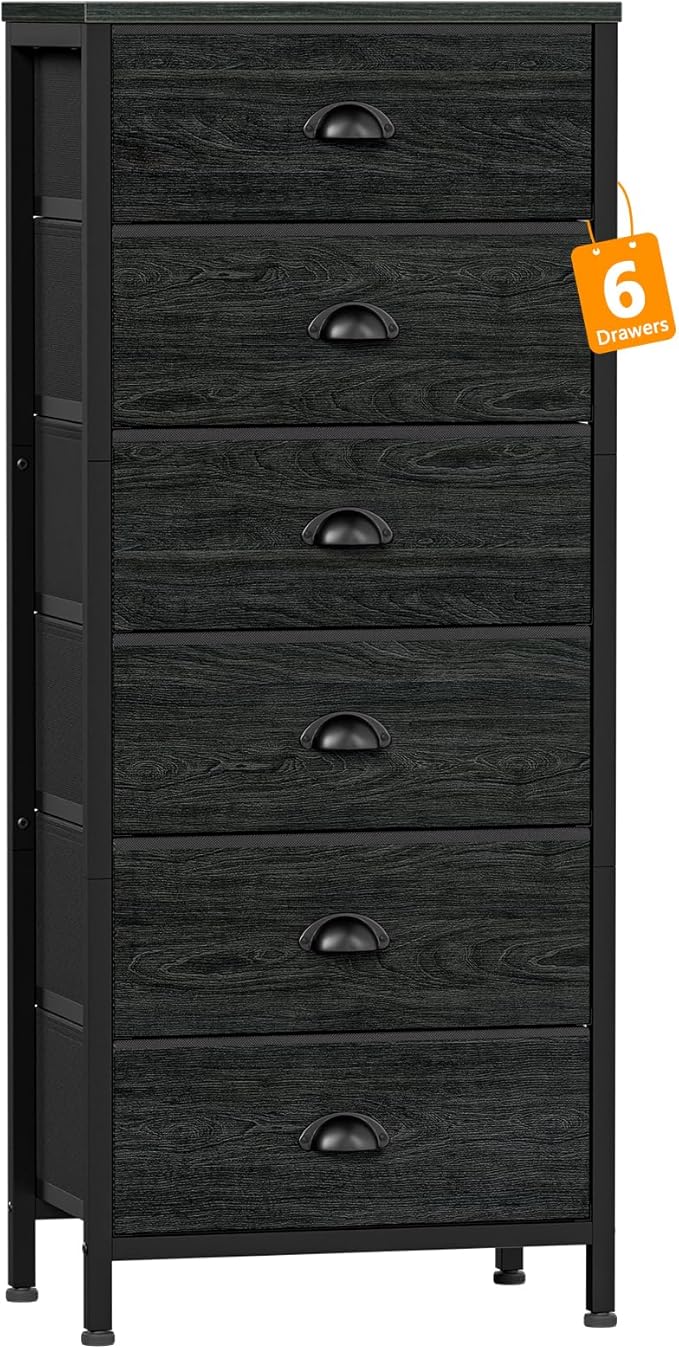 Black Dresser for Bedroom, Tall Fabric Chest of Drawers | Bedroom Dresser with 6 Fabric Bins, Vertical Storage Drawer for Dorm, Organizer in Closet, Living Room, Wood Top, Metal Frame