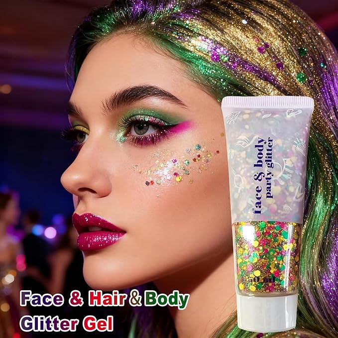 Carnival Body Glitter,Green Purple and Yellow Carnival Face Glitter Gel,Sparkling Holographic Long Lasting Chunky Glitter for Hair Face Nails,Accessories for Rave Festival Party (Carnival Themed)