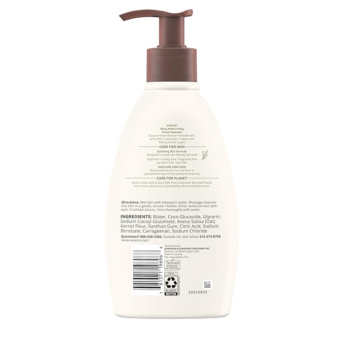 Aveeno Daily Moisturizing Facial Cleanser for Dry Skin,Gentle Face Cleanser with Soothing Oat for Skin that Feels Soft & Supple,Removes Dirt,Oil and Impurities,Fragrance Free,12 FL OZ,(Pack of 2)