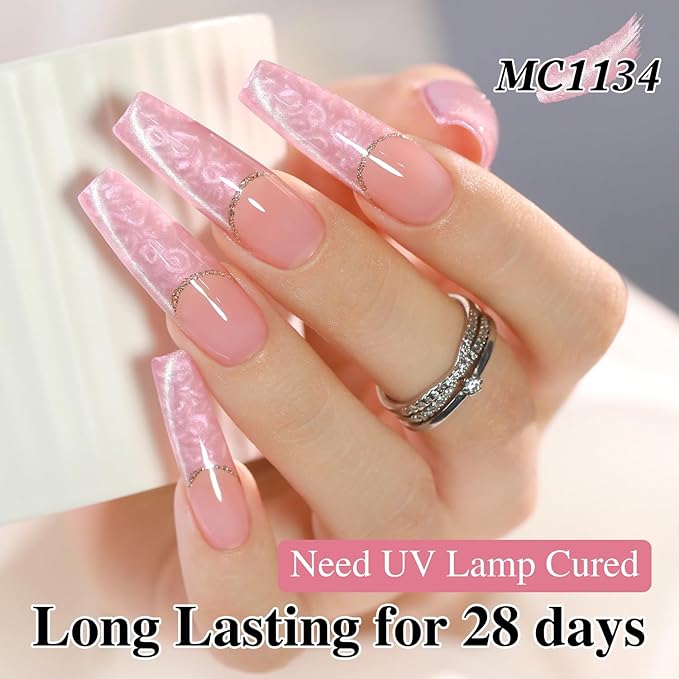 Double Rhythm 15ML Ice Glass Cat Eye Gel Polish with Magnet Holographic Glitter Shimmer Translucent Sheer Color Salon Soak Off Magnetic Nail at Home (Mermaid Pink-MC1134)