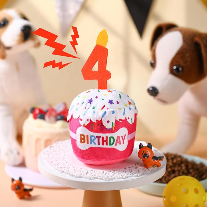 Dansydaisy Dog Birthday Cake Toy Squeaky Plush Gift,4th,Pink